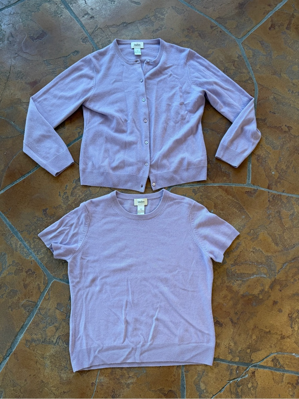 VTG  Purple Neiman Marcus Cashmere sweater Cardigan + Short Sleeve Shirt Set